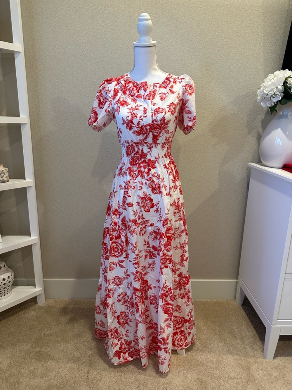 Chicwish White Maxi Dress with Red Floral Print